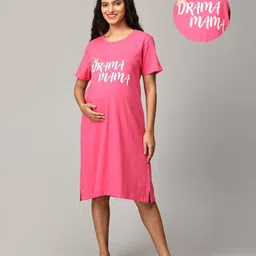 The Mom Store Half Sleeves Drama Mama Text Printed Oversized Maternity Dress - Fuschia-image-61