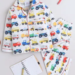 Knitting Doodles Pure Cotton Woven Full Sleeves Cars Printed Coordinating Night Suit Set - White-picture-20