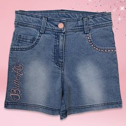 Cutecumber Butterfly Text Embroidered Mild Washed Denim Shorts - Blue-picture-19
