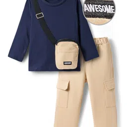 Mark & Mia Full Sleeves Winter Wear T-Shirt & Joggers Set with Pouch Applique - Navy Blue & Tan-picture-38