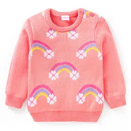 Babyhug Knitted Full Sleeves Pullover Sweater Set With Rainbow Design - Pink image 2