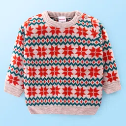 Babyhug Knitted Full Sleeves Sweater Set With Floral Design - Green & Grey image 2