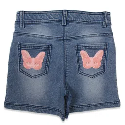 Cutecumber Butterfly Text Embroidered Mild Washed Denim Shorts - Blue image 3
