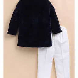 LITTLE COLLARS Velvet Woven Full Sleeves Pearls & Beads Embellished Bird Designed Sherwani & Pyjama Set - Navy Blue image 3