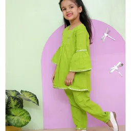 aatya kiids AATYA by Shruti Agarwal Cotton Half Bell Sleeves Mirror Work Embellished Kurta With Pant - Green image 4