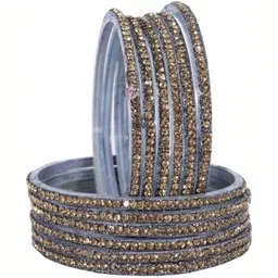 Raj world Set Of 12 Gold-Plated & Grey Glass Zircon Bangle-picture-29