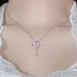 Estailo fashion Women Silver-Plated Stones-Studded Heart Shaped Pendant With Chain image 3