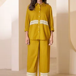 All Her Collective Embroidered Cotton Shirt Collar Shirt & Trousers Co-Ords Set-picture-11