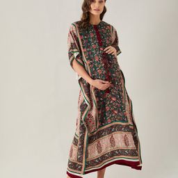 The Kaftan Company Three Forth Sleeves Floral Motif Print Maternity Kaftan Dress - Green-picture-0