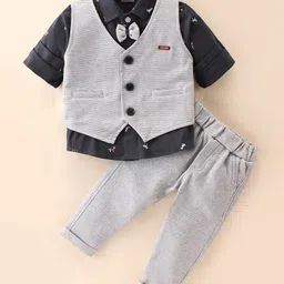 Mini Taurus Full Sleeves Party Suit With Waistcoat & Bow Applique - Grey-picture-24