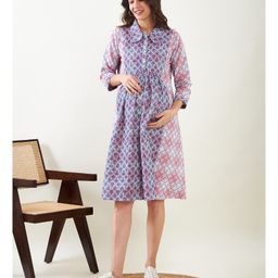 The Kaftan Company Three Fourth Sleeves Abstract Blocks Printed Maternity Skater Dress With Nursing Access - Pink & Blue-picture-18