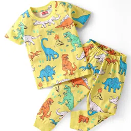 Babyhug Single Jersey Knit Half Sleeves Night Suit with Dino Print - Yellow-picture-37