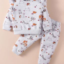 ToffyHouse Cotton Knitt Full Sleeves Frill Detailing Winter Wear T-Shirt & Lounge Pant Set With Animal Print - Grey-picture-30
