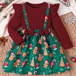 Fashion Dream Cotton Blend Full Sleeves Bow Applique & Frill Detailed Snowman Printed Dress - Maroon-picture-18