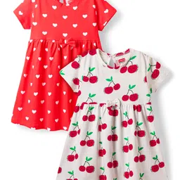 Babyhug Single Jersey Knit Half Sleeves Frocks With Bow & Tropical Theme Pack Of 2 - Red & White-picture-16