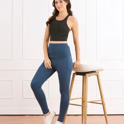 Bella Mama Cotton Elastane Knit Solid Coloured High Coverage Maternity Leggings - Blue-picture-23