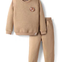 Little Kangaroos Woven Winter Wear Sweatshirt & Lounge Pant Set with Bear Patch Detailing - Tan-picture-36