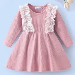 Mark & Mia Cotton Full Sleeves Winter Frock with Frill Detailing - Pink-picture-27