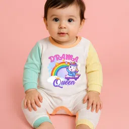 The Peppy Tend 100% Cotton Knit Full Sleeves Drama Queen Text & Baby Unicorn Printed Romper - Multi Colour-picture-16