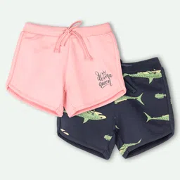 Ariel Cotton Knit Pack Of 2 Drama Queen Text & Sharks Printed Shorts - Pink & Navy Blue-picture-22