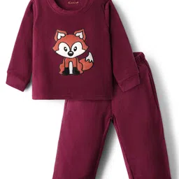 Kanvin Fleece Knit Full Sleeves Antipilling Winter Night Suit with Fox Patch Embroidery - Maroon-picture-22