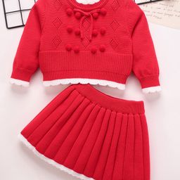 Mark & Mia Viscose Full Sleeves Designed Pullover Sweater & Skirt Set with Bow Applique - Red-picture-8