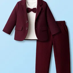 Robo Fry Cotton Woven Full Sleeves Solid Color Party Blazer & Trouser Set with Inner Tee & Bow Applique - Maroon-picture-14