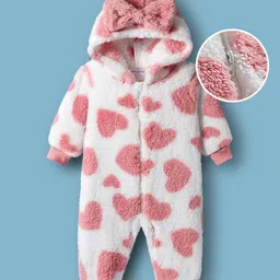 Mark & Mia Full Sleeves Winter Wear Hooded Romper With Heart Print & Bow Applique - White-picture-37