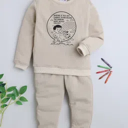 BAATCHEET Fleece Knit Full Sleeves Rainbow & Typography Printed Light Winter Sweatshirt & Joggers Set - Beige-image-11