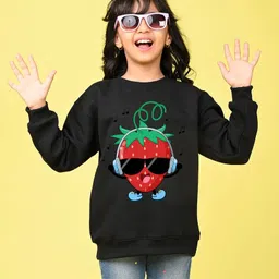 NUSYL Fleece Knit Full Sleeves Strawberry Printed Light Winter Sweatshirt - Black-image-99