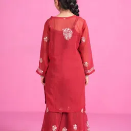 KHAKA Girls Ethnic Motifs Embroidered Regular Chikankari Kurta & Sharara With Dupatta image 2