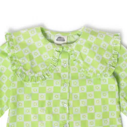 Mi Arcus 100% Cotton Full Puffed Sleeves Squares & Floral Printed Frill Detailed Top - Green image 4
