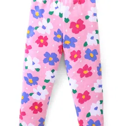 Babyhug Cotton Lycra Knit Full Length Leggings with Floral Polka Dots & Heart Print Pack of 3 - Blue Pink & Yellow image 3