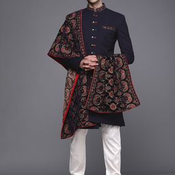 Manyavar Men Navy Blue & White Printed Sherwani Set with Dupatta-picture-15