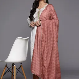 Libas Women White Ethnic Motifs Yoke Design Sequinned Chanderi Silk Kurta with Trousers & With Dupatta-picture-25