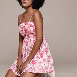 Roadster Floral Print Smocked Pure Cotton Fit & Flare Mini Dress-image-33