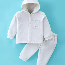 I Bears 100% Cotton Fleece Knit Full Sleeves Hooded Night Suit Moon Embroidery - Off White-image-89