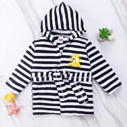Babyhug Cotton Terry Knit Full Sleeves Striped  Hooded Bath Robe with Car Embroidery - White & Black-image-78