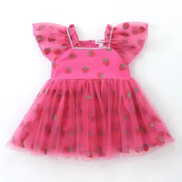 Mark & Mia Half Sleeves Strawberry Printed Party Frock Style Onesie with Lace Detailing - Fuschia-picture-27
