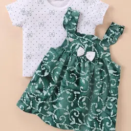 Wonderchild Abstract Printed Dungaree Dress With Half Sleeves Top & Bow Set - Green Batik-image-75