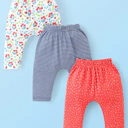 Babyhug Cotton Knit Full Length Diaper Leggings With Stripes Polka Dots & Floral Print Pack Of 3 - Navy Off White & Red-image-78
