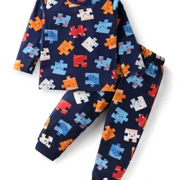 Babyhug Cotton Knit Full Sleeves Night Suit with Jigsaw Puzzle Print - Navy Blue-image-81