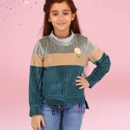 Cutecumber Full Sleeves Colour Blocked & Floral Patch Detailed Top - Teal-picture-35