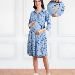 Bella Mama WovenThree Fourth Sleeves Shirt Maternity DressWith Floral Print - Light Blue-picture-23