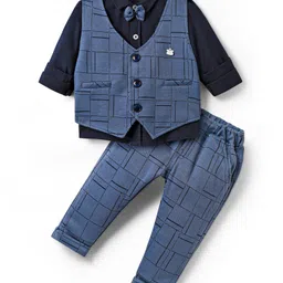 Mini Taurus Interlock Knit Full Sleeves 3 Piece Party Suit with Bow Detailing & Geometric - Charcoal Grey & Navy Blue image 1