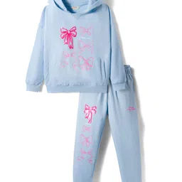 Primo Gino 100% Cotton French Terry Knit Full Sleeves Hooded Sweatshirt with Jogger Co-Ord Set with Bow Print & Sequin - Light Blue-picture-13