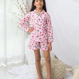 Fairies Forever Cotton Woven Full Sleeves Watermelons Printed Coordinating Shirt & Shorts Night Suit Set - Pink-picture-22
