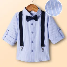 Mark & Mia Woven Full Sleeves Pleated Striped Party Shirt With Bow & Suspender - Light Blue-picture-22