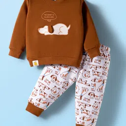 Mini Taurus Fleece Knit Winter Wear Night Suit With Dog Print - Brown-picture-14