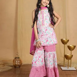 Cutiekins Cotton Blend Woven Sleeveless Floral Printed & Lace Embellished Kurti Sharara With Dupatta Set - White & Pink-image-11